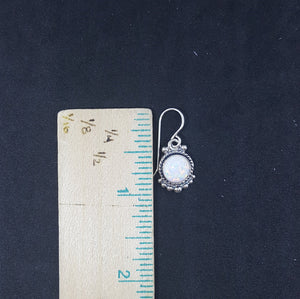 Queen's style 8 mm round White Fire Opal sterling silver dangle earrings