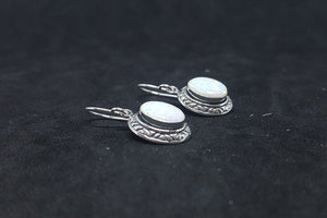 Dot design Oval White Fire Opal sterling silver dangle earrings