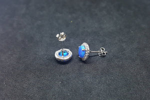 6 mm round Blue Fire Opal micro CZ sterling silver post earrings
