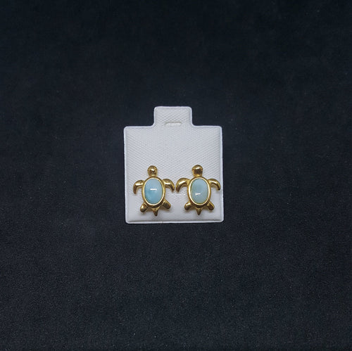 Baby Turtle Oval gold plated Blue Larimar post earrings