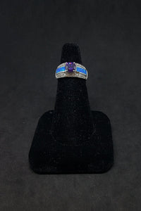 Size 7 - Single Stripe round Amethyst rectangle Blue Fire Opal micro CZ sterling silver ring