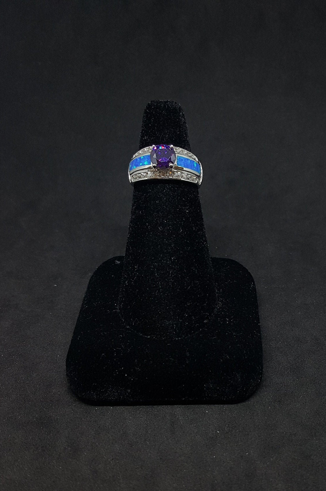 Size 7 - Single Stripe round Amethyst rectangle Blue Fire Opal micro CZ sterling silver ring