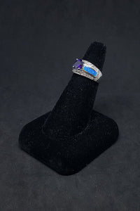 Size 7 - Single Stripe round Amethyst rectangle Blue Fire Opal micro CZ sterling silver ring