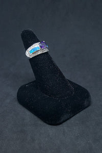 Size 7 - Single Stripe round Amethyst rectangle Blue Fire Opal micro CZ sterling silver ring