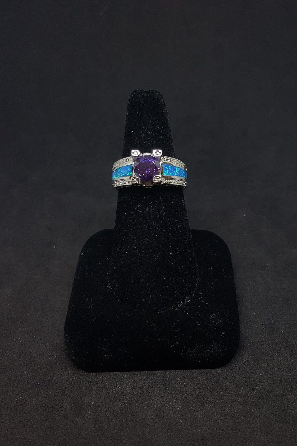 Size 9 - The Royal round Amethyst Blue Fire Opal micro CZ sterling silver ring