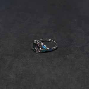 Size 6 - Small flowers Blue Fire Opal oval Mystic Amethyst sterling silver ring