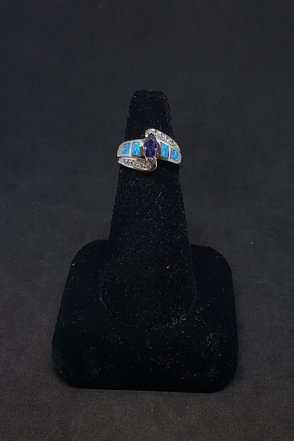 Size 6 - Blue Fire Opal micro CZ marquise-cut Tanzanite sterling silver ring