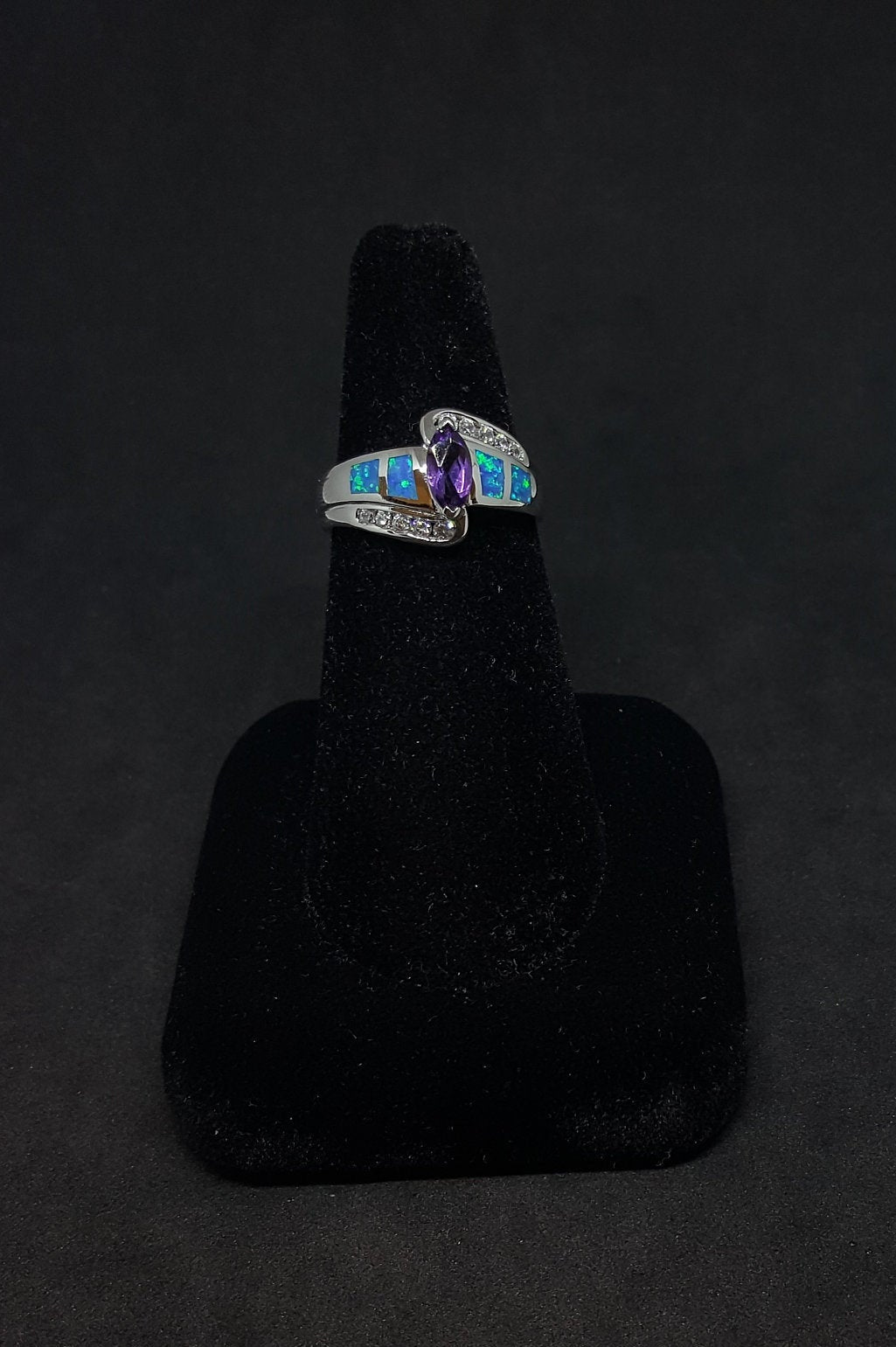 Size 8 - Blue Fire Opal micro CZ marquise-cut Amethyst sterling silver ring