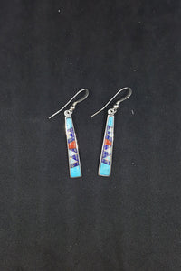Southwest inlay Turquoise Lapis White Fire Opal Coral sterling silver long thin dangle earrings