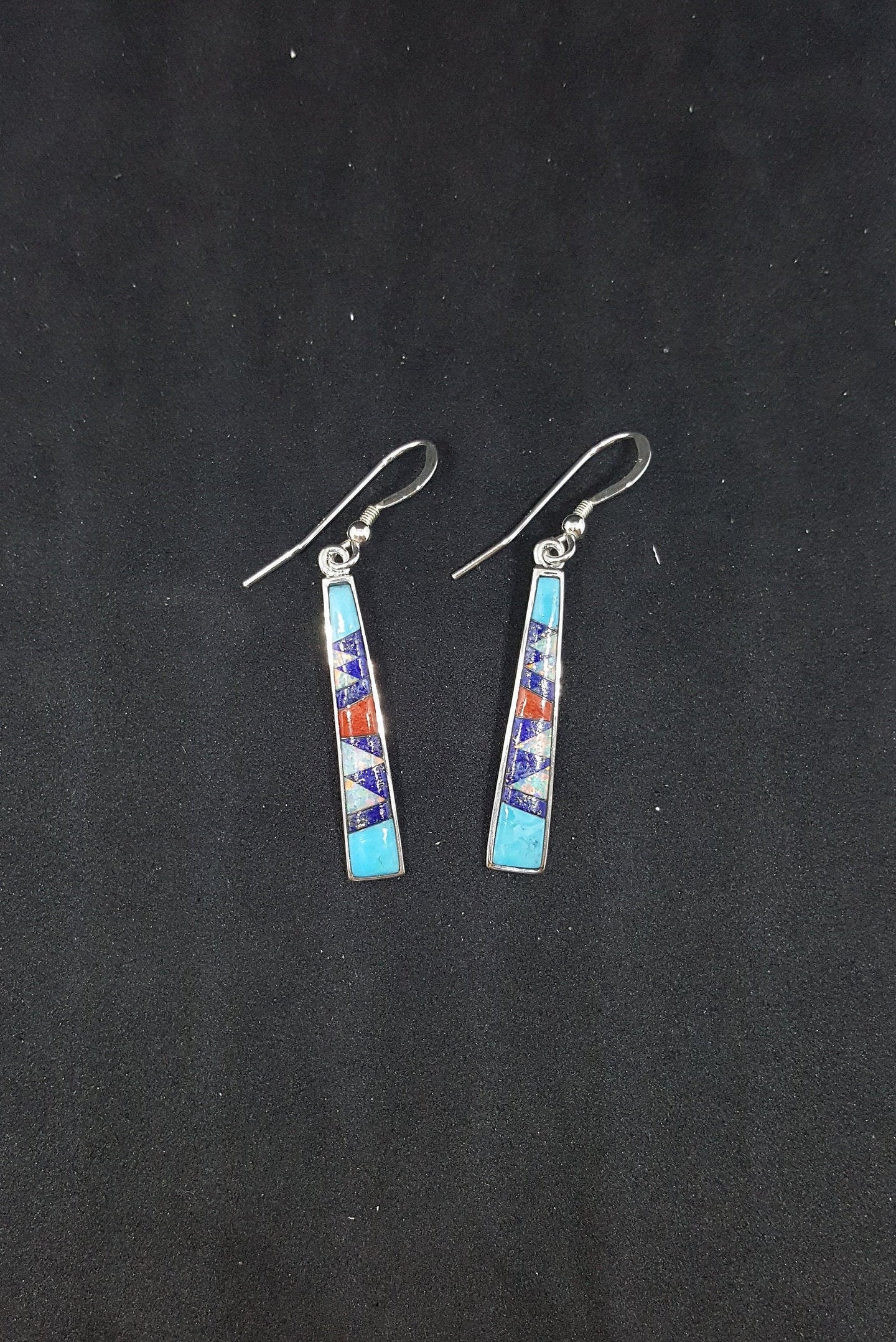 Southwest inlay Turquoise Lapis White Fire Opal Coral sterling silver long thin dangle earrings