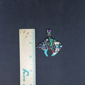 Southwest inlay Bear Night Sky Tepeedancing native people with hat dress Multi-stones sterling silver pendant necklace