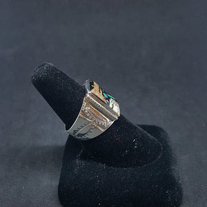 Size 10 3/4 - Native city and Mountain and night sky  Rectangle Micro-inlay multi-stone sterling silver ring