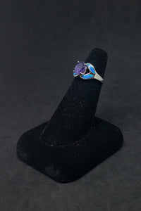Size 6 - Blue Fire Opal leaf shape oval Amethyst sterling silver ring