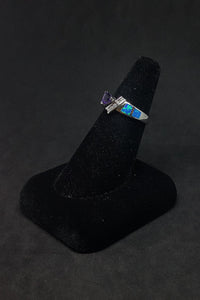 Size 8 1/4 - arrow Blue Fire Opal micro CZ trillion-cut Amethyst sterling silver ring