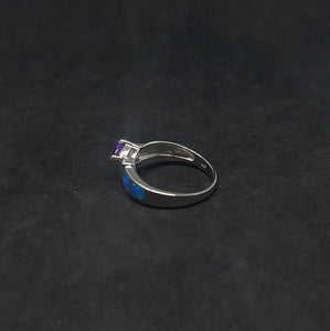 Size 8 1/4 - arrow Blue Fire Opal micro CZ trillion-cut Amethyst sterling silver ring