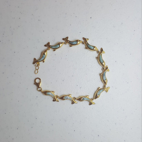 Baby Dolphins Blue Larimar sterling silver thin gold plated chain bracelet