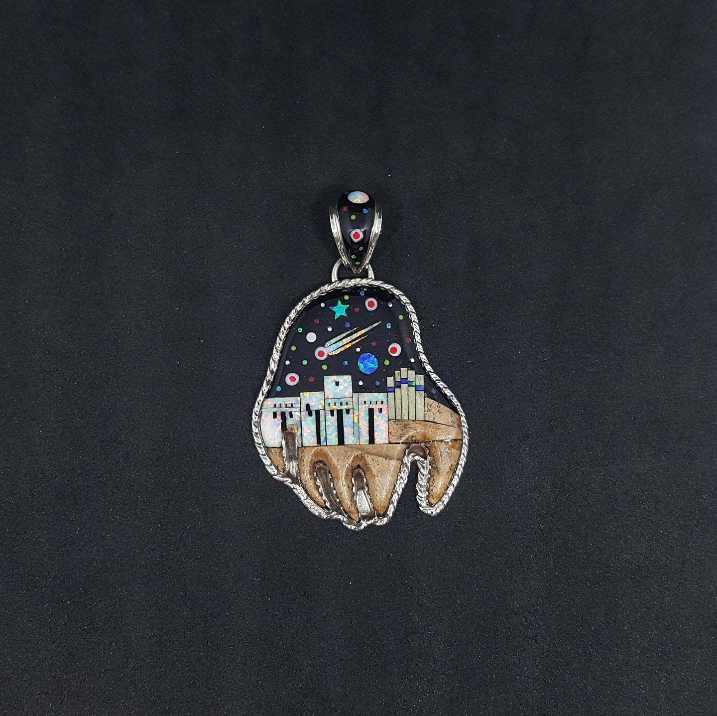 Claws Galaxy city inlay multi-stones night sky twisted rim Sterling silver pendant necklace