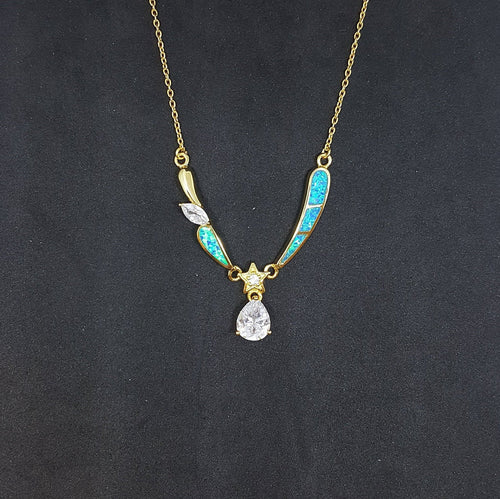 Blue Fire Opal and CZ  Teardrop star with Marquise shape  gold plated sterling silver pendant necklace