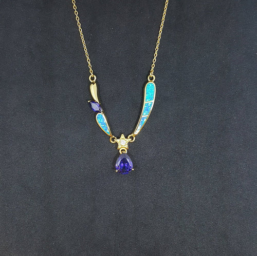Blue Fire Opal and  Tanzanite Teardrop star with Marquise shape  gold plated sterling silver pendant necklace