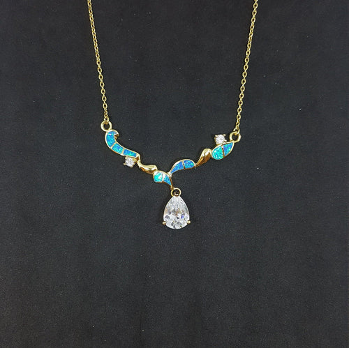 Blue Fire Opal and CZ Teardrop star with CZ round shape  gold plated sterling silver pendant necklace