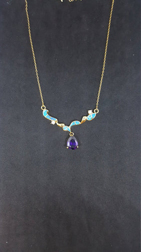Blue Fire Opal and Amethyst Teardrop star with CZ round shape  gold plated sterling silver pendant necklace