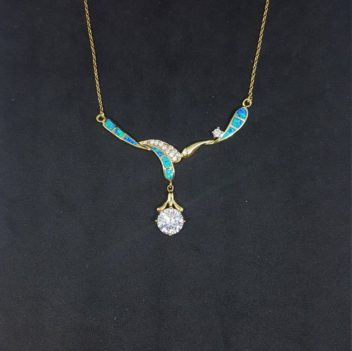 Blue Fire Opal and CZ Round  with micro CZ round shape  gold plated sterling silver pendant necklace
