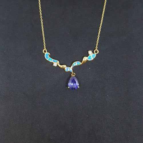 Blue Fire Opal and Tazanite Teardrop star with CZ round shape  gold plated sterling silver pendant necklace
