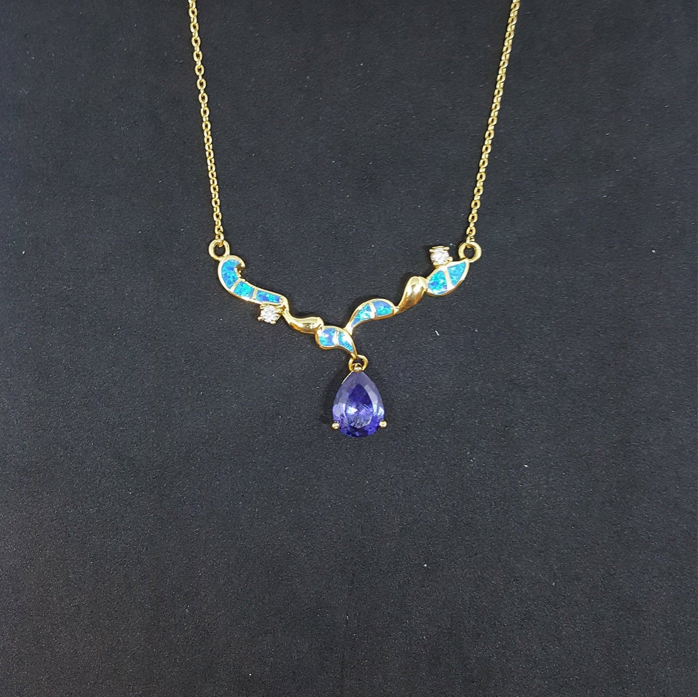 Blue Fire Opal and Tazanite Teardrop star with CZ round shape  gold plated sterling silver pendant necklace