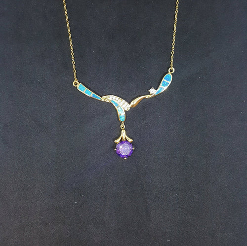 Blue Fire Opal and Amethyst Round  with micro CZ round shape  gold plated sterling silver pendant necklace