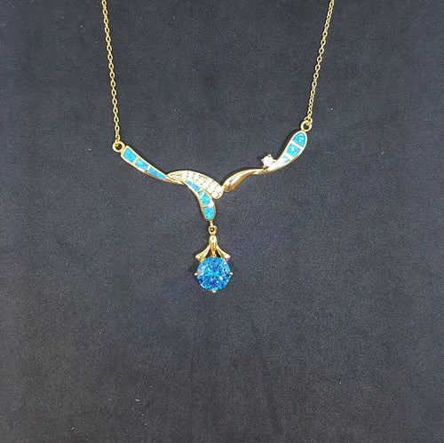 Blue Fire Opal and Topaz Round  with micro CZ round shape  gold plated sterling silver pendant necklace