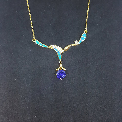 Blue Fire Opal and Tanzanite Round  with micro CZ round shape  gold plated sterling silver pendant necklace