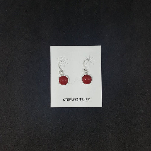7 mm round Coral sterling silver dangles earrings