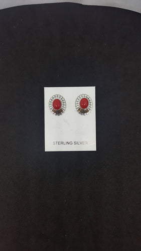 Coral Oval with Flower shape sterling silver Stub earrings