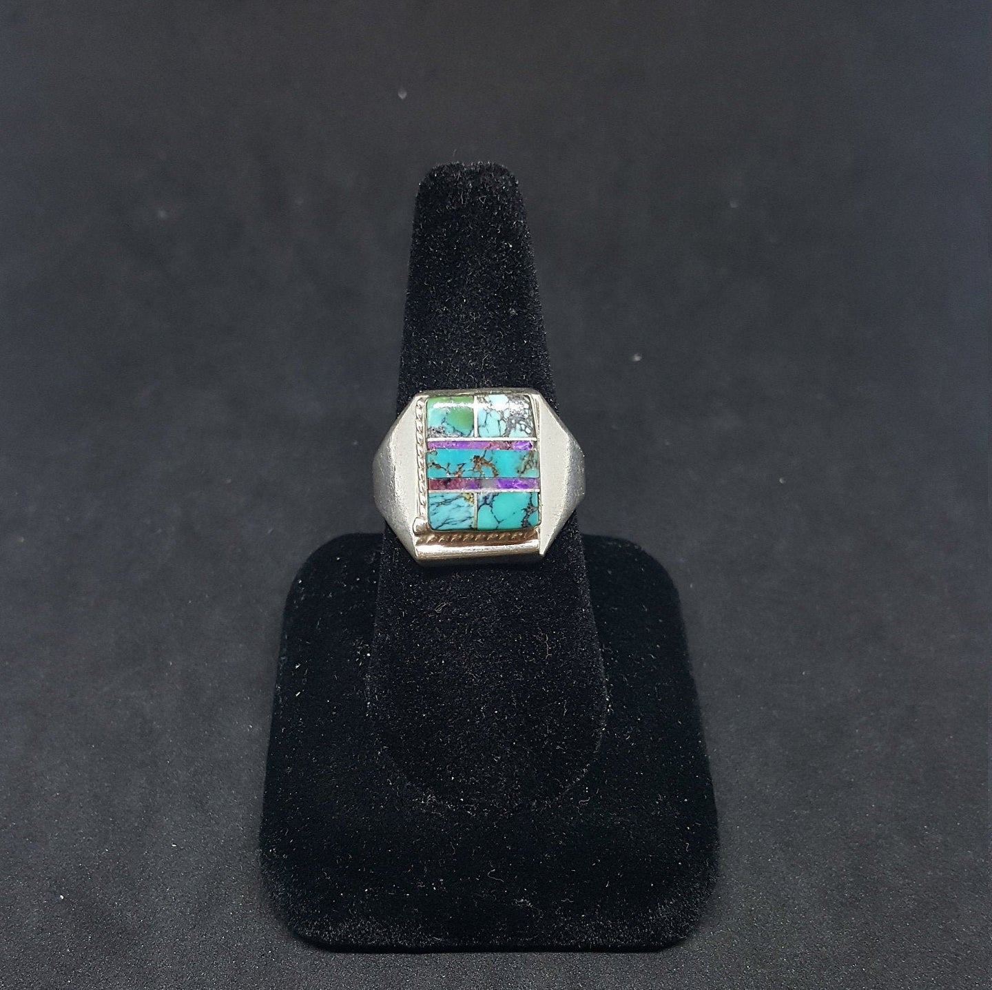 Size 12 men's ring inlay multi stones purple turquoise blue turquoise  sterling silver ring