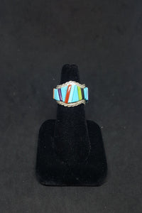 Size 8 1/2 - Vintage Inlay Random Shape Stones Turquoise Coral Lapis Black Onyx sterling silver ring Signed BT