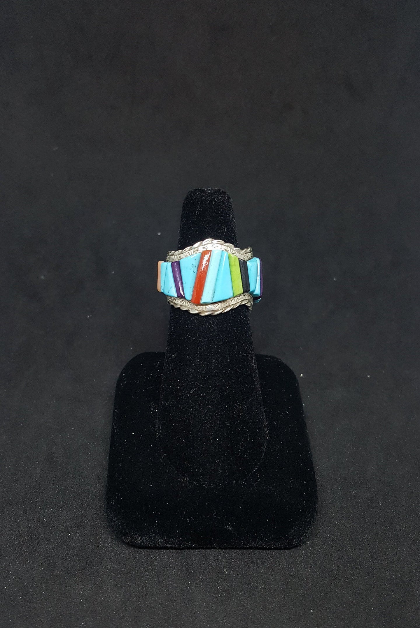 Size 8 1/2 - Vintage Inlay Random Shape Stones Turquoise Coral Lapis Black Onyx sterling silver ring Signed BT