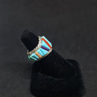 Size 8 1/2 - Vintage Inlay Random Shape Stones Turquoise Coral Lapis Black Onyx sterling silver ring Signed BT