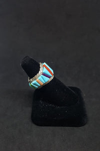 Size 8 1/2 - Vintage Inlay Random Shape Stones Turquoise Coral Lapis Black Onyx sterling silver ring Signed BT
