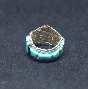 Size 8 1/2 - Vintage Inlay Random Shape Stones Turquoise Coral Lapis Black Onyx sterling silver ring Signed BT
