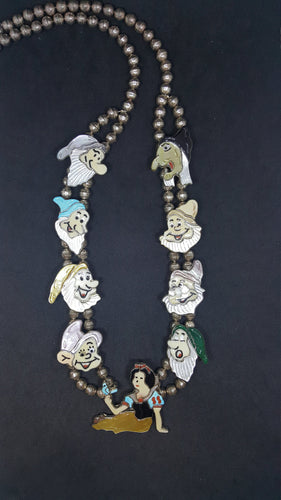 24 inches Vintage Snow White and 7 dwarfs Turquoise Mother of Pearl Coral Black Onyx beaded necklace SIGNED Andrea Lonjose Zuni SS.