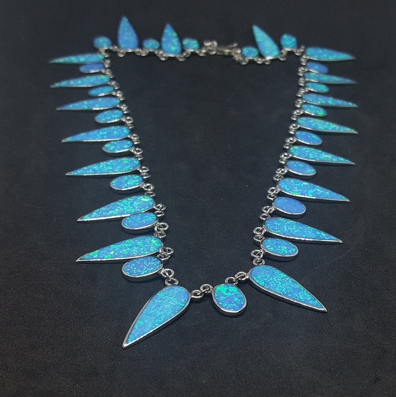 Blue Fire Opal Pear and Oval sterling silver necklace