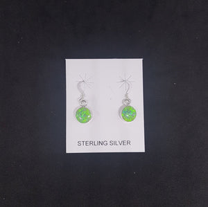 Simple 8 mm round Green Fire Opal sterling silver dangle earrings