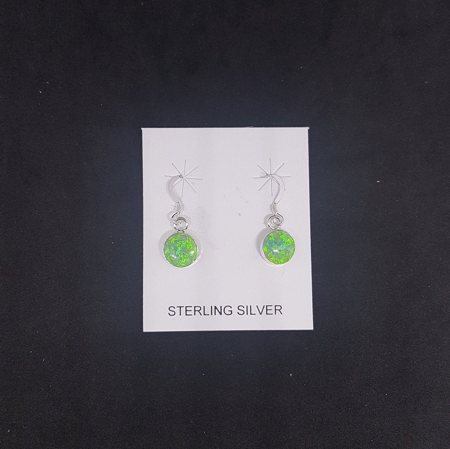 Simple 8 mm round Green Fire Opal sterling silver dangle earrings