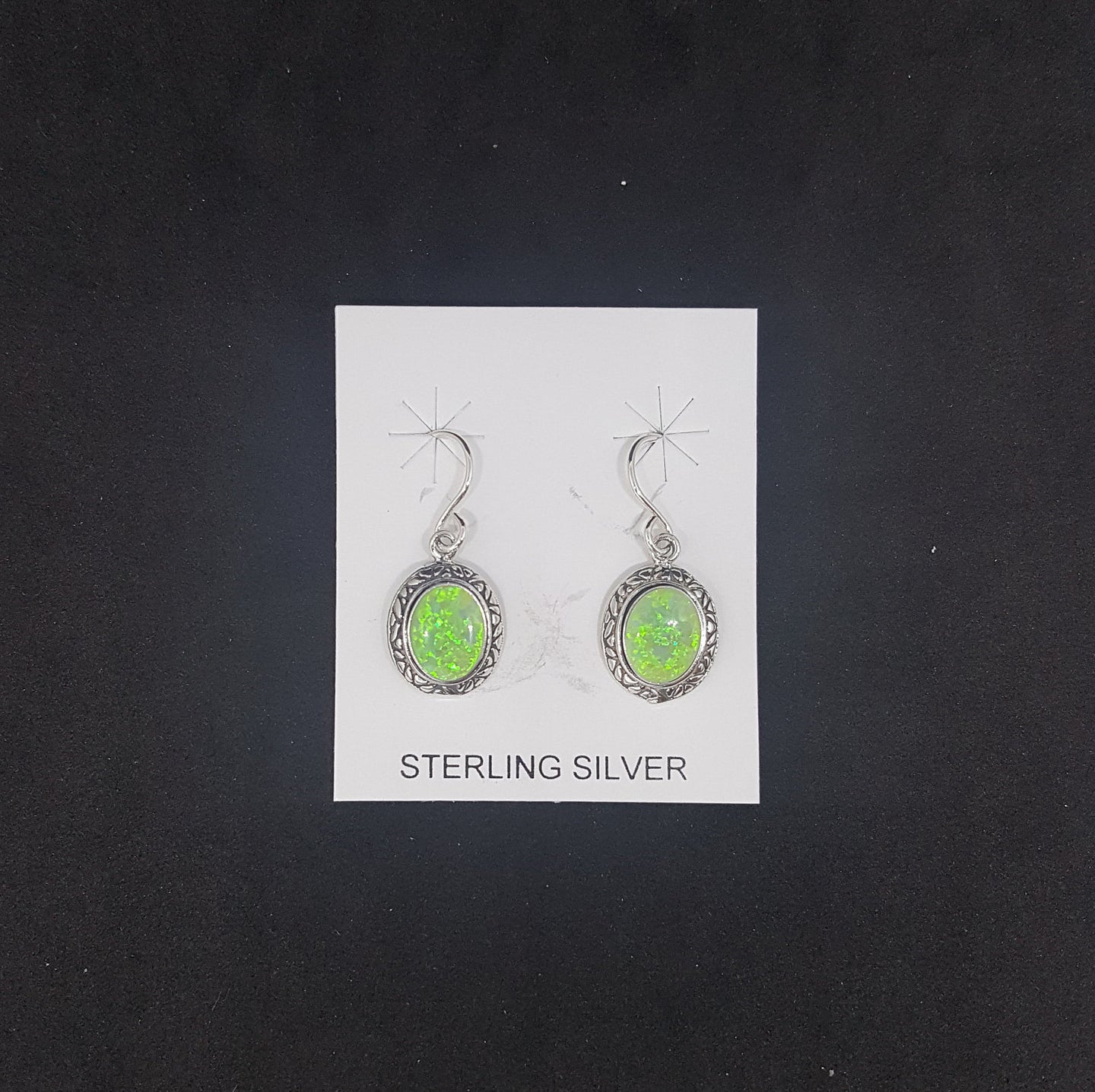 Zic zac design oval Green fire opal sterling silver dangle earrings