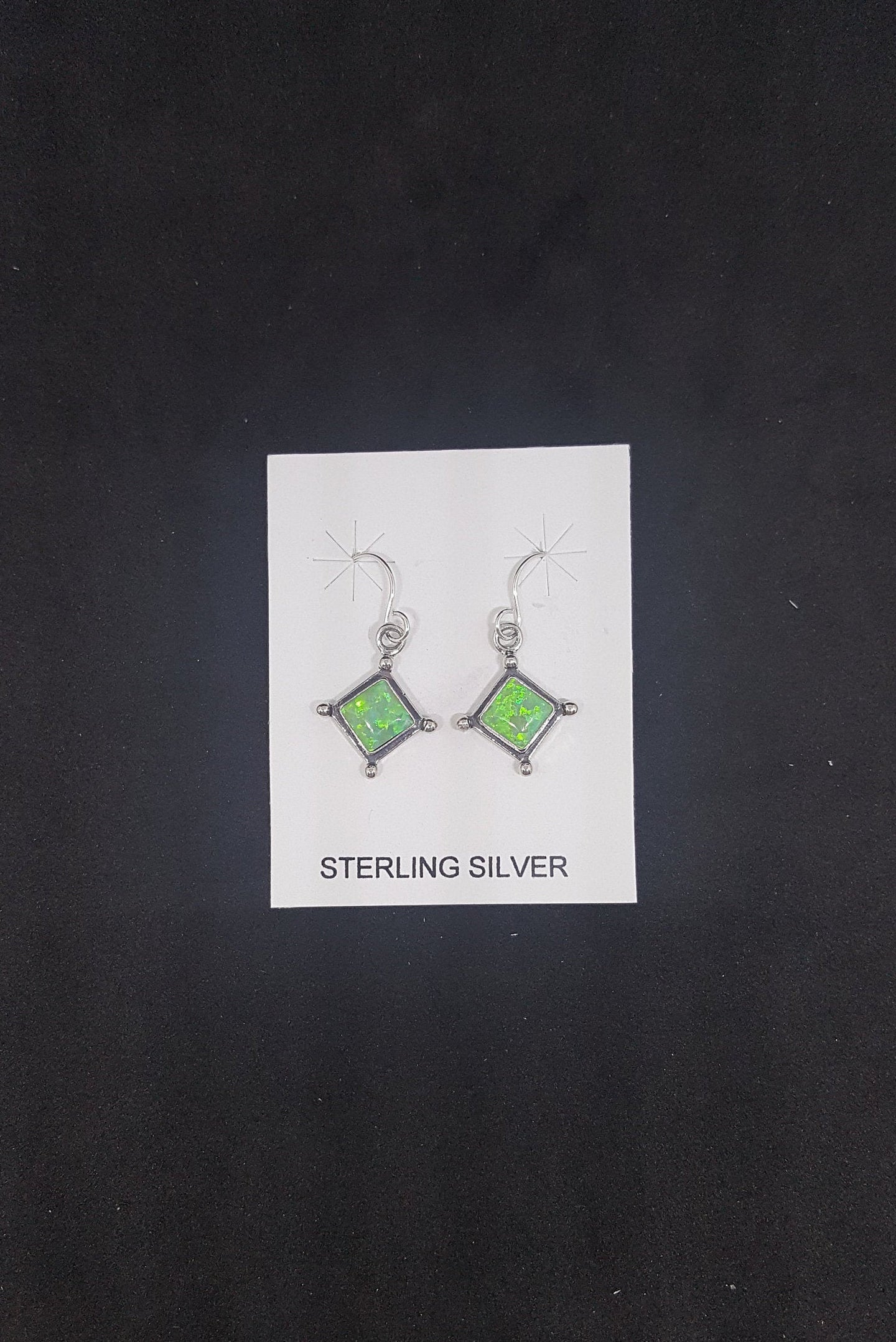 6 mm Green Fire Opal diamond shape with points sterling silver dangle earrings