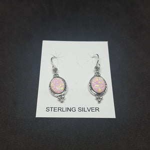 Dots 10 mm x 8 mm Oval Pink Fire Opal sterling silver dangle earrings