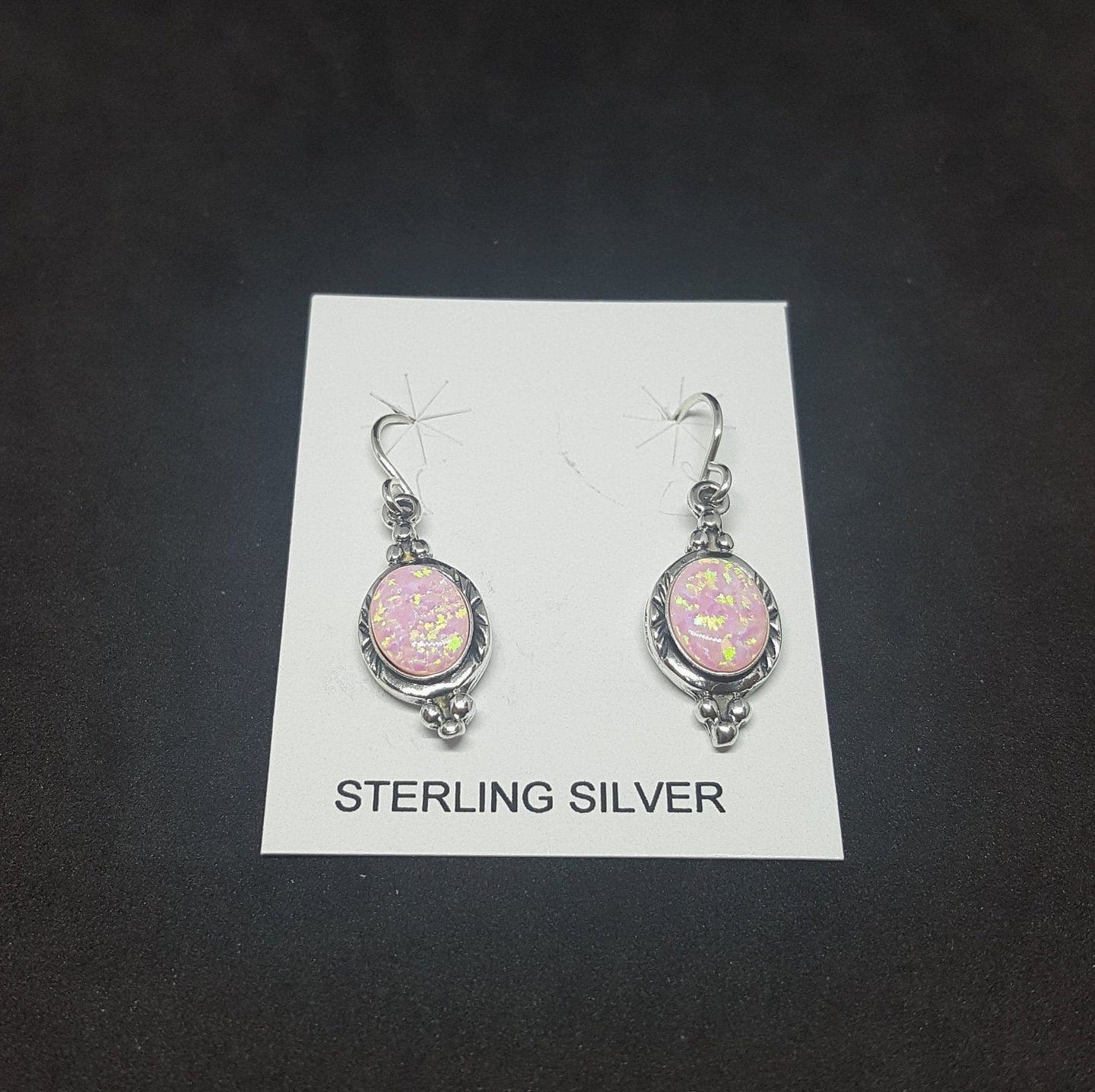 Dots 10 mm x 8 mm Oval Pink Fire Opal sterling silver dangle earrings
