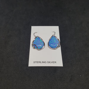 Wavy design Blue fire Opal Sterling silver teardrop dangle/drop opal earrings