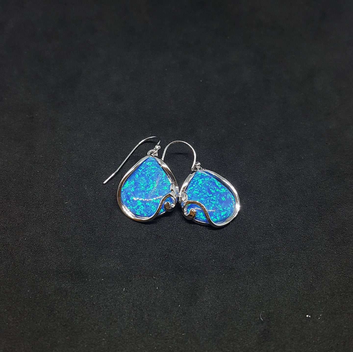 Wavy design Blue fire Opal Sterling silver teardrop dangle/drop opal earrings