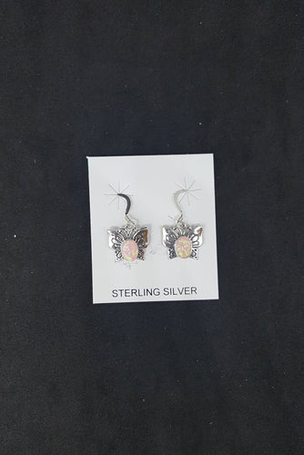 Baby butterfly with designs Oval Pink Fire Opal sterling silver dangle earrings